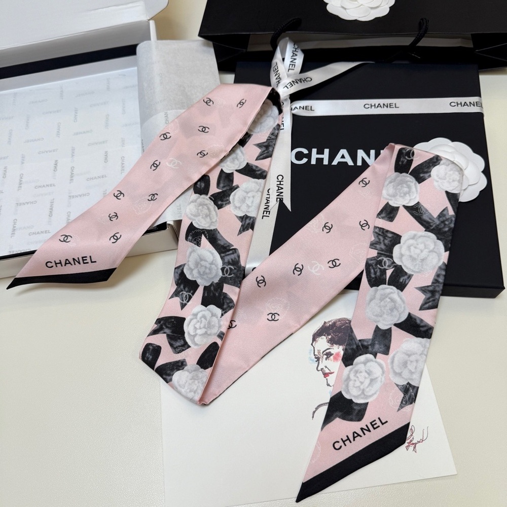 Chanel Camellia Print Pink Twilly Scarf - 100% Authentic - Picture 9 of 9